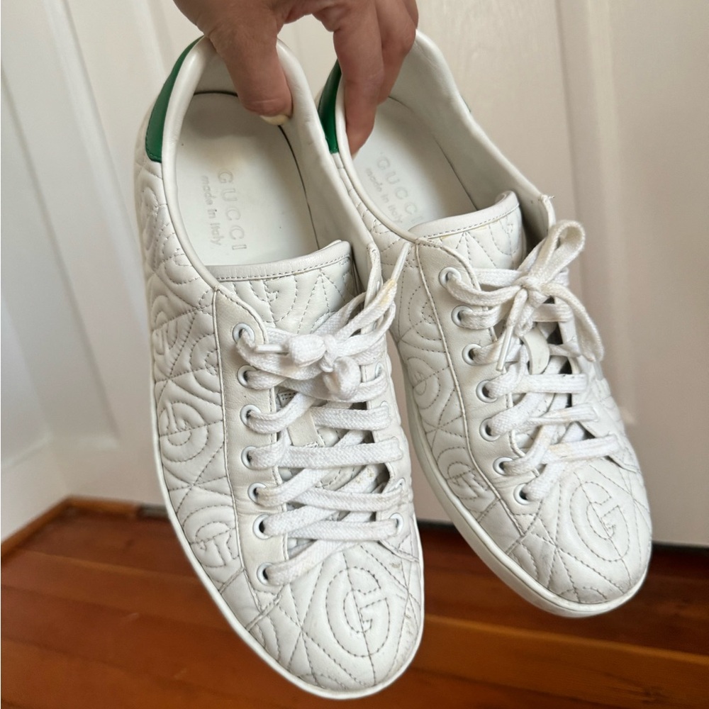 Gucci Ace GG Rhombus Quilted Leather Sneakers (White/Green)